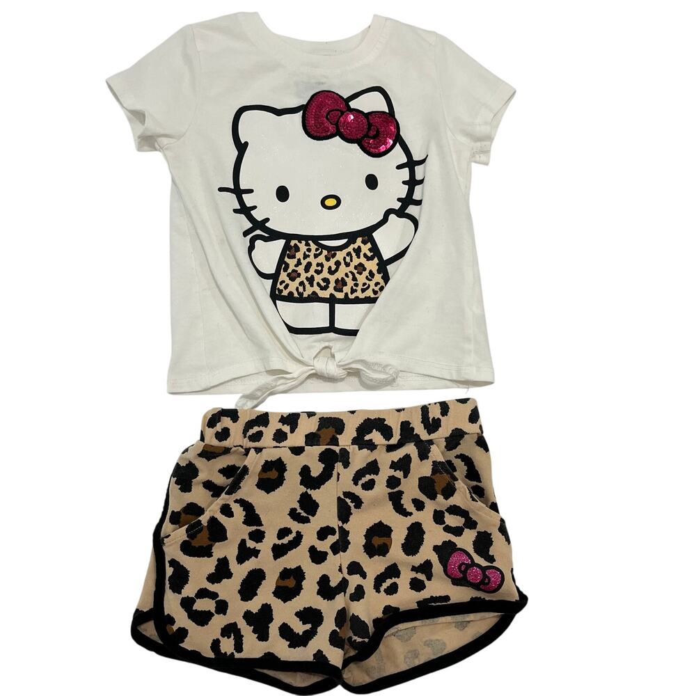 Hello Kitty Girl's 4 Two Piece Outfit Coordinated Leopard Print With Pink Bow